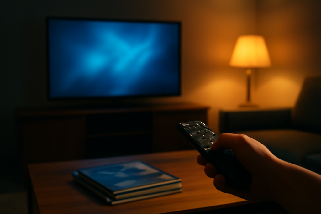 Seseorang memilih tontonan film di ruang tamu dengan lampu redup