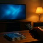 Seseorang memilih tontonan film di ruang tamu dengan lampu redup