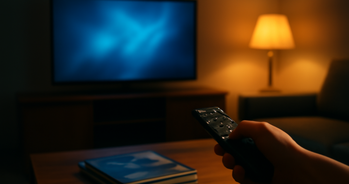 Seseorang memilih tontonan film di ruang tamu dengan lampu redup