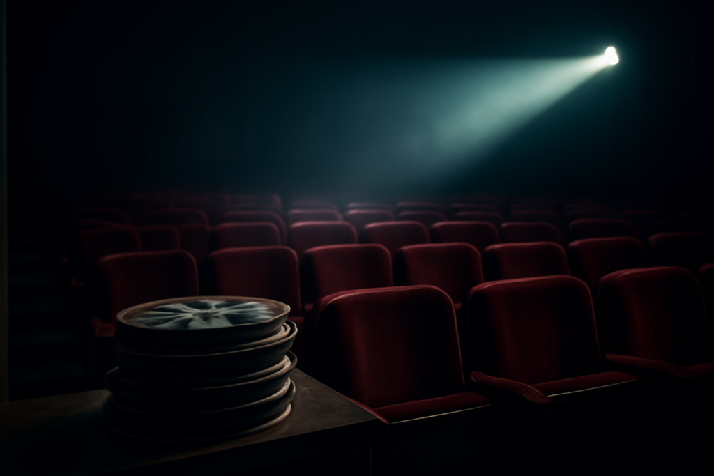 Suasana bioskop remang dengan sorot proyektor dan gulungan film di meja