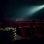 Suasana bioskop remang dengan sorot proyektor dan gulungan film di meja