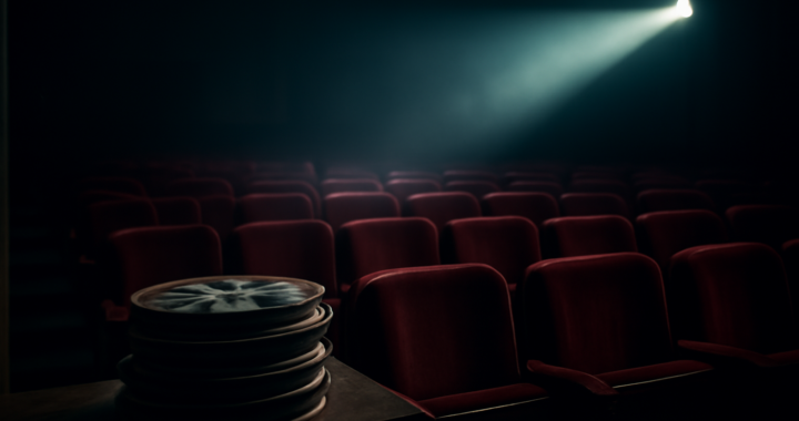 Suasana bioskop remang dengan sorot proyektor dan gulungan film di meja