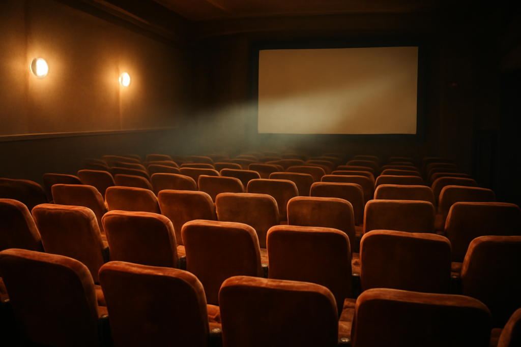 Ruang bioskop kecil dengan proyektor menyala, suasana pemutaran film independen