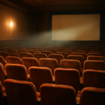 Ruang bioskop kecil dengan proyektor menyala, suasana pemutaran film independen