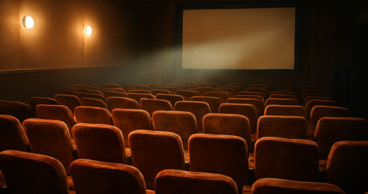 Ruang bioskop kecil dengan proyektor menyala, suasana pemutaran film independen