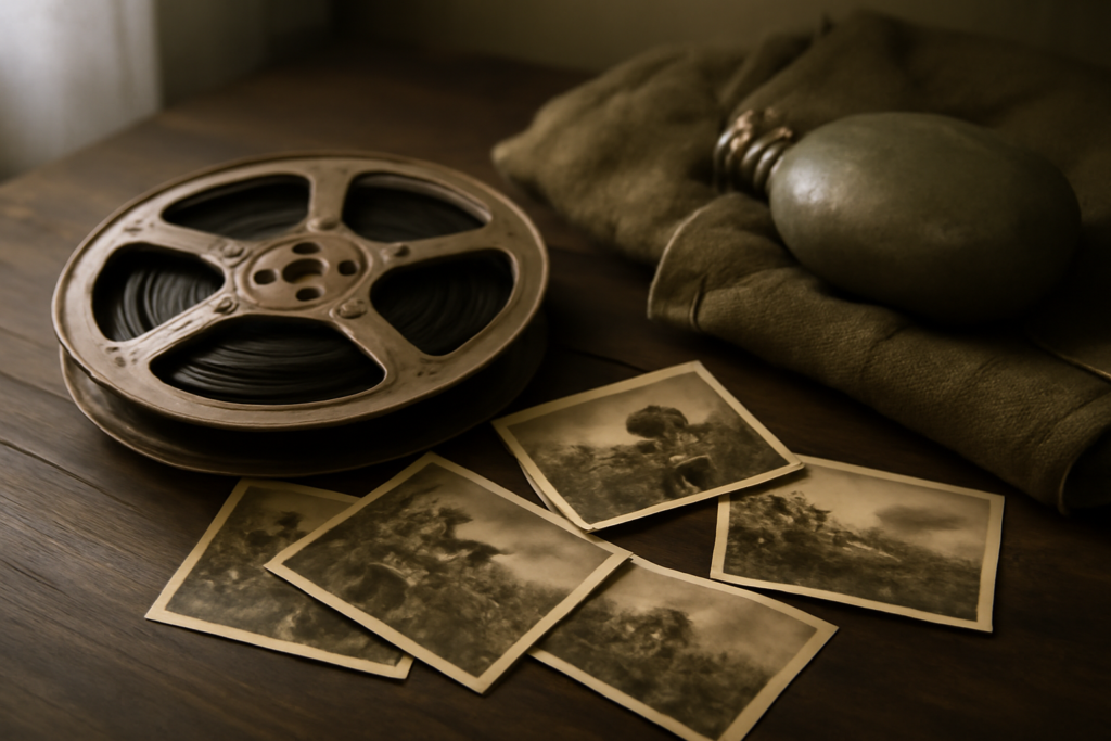 Properti film bertema sejarah dan perang di atas meja kayu, termasuk gulungan film dan foto lama