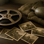 Properti film bertema sejarah dan perang di atas meja kayu, termasuk gulungan film dan foto lama