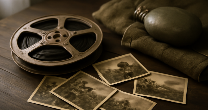 Properti film bertema sejarah dan perang di atas meja kayu, termasuk gulungan film dan foto lama