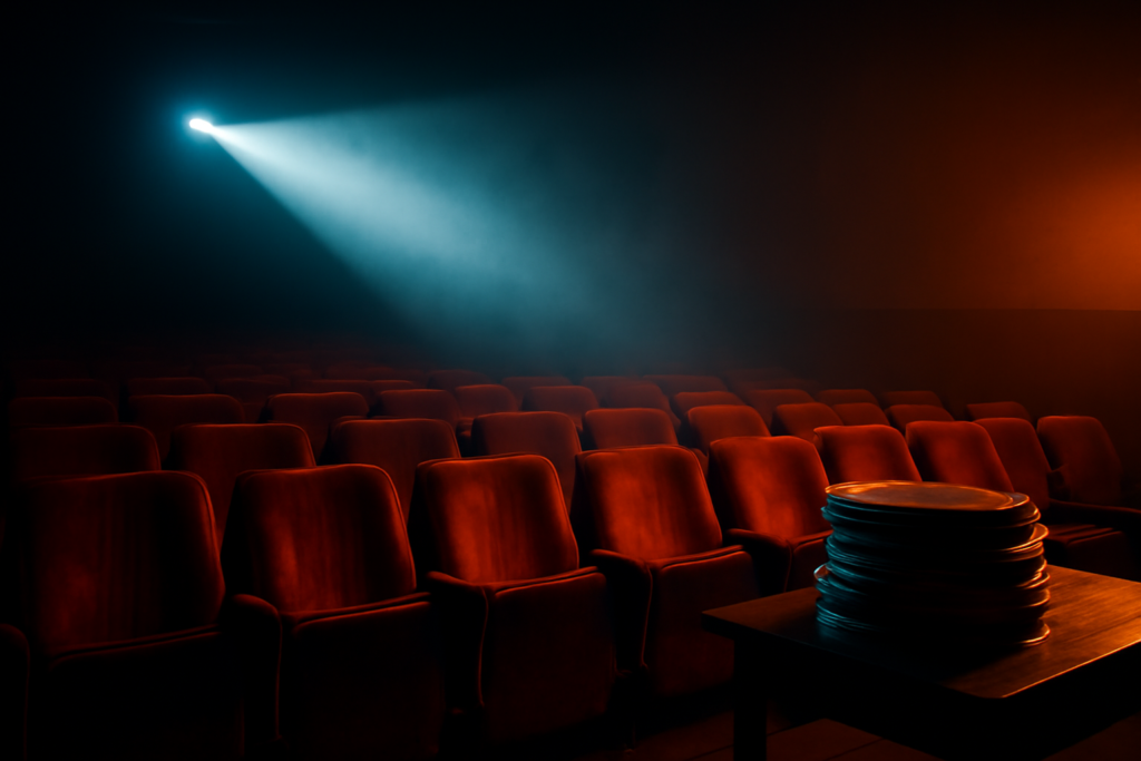 Suasana bioskop remang dengan berkas proyektor dan gulungan film