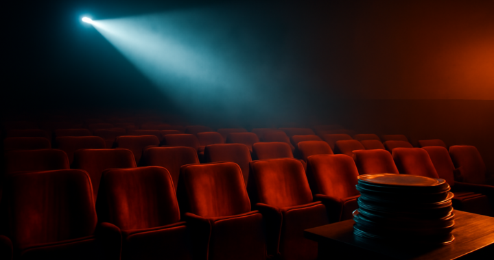 Suasana bioskop remang dengan berkas proyektor dan gulungan film