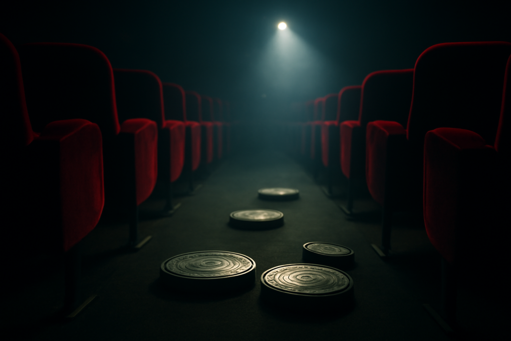 Suasana bioskop remang dengan berkas proyektor dan gulungan film