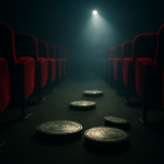 Suasana bioskop remang dengan berkas proyektor dan gulungan film