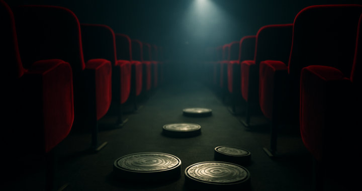 Suasana bioskop remang dengan berkas proyektor dan gulungan film